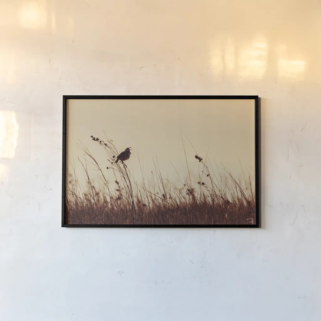 Meadowlark Call Antique by Nathan Larson. shown as a paper print in a black flame. Available as a archival giclee rolled canvas, fine art paper, or poster print. SKU 98337i.