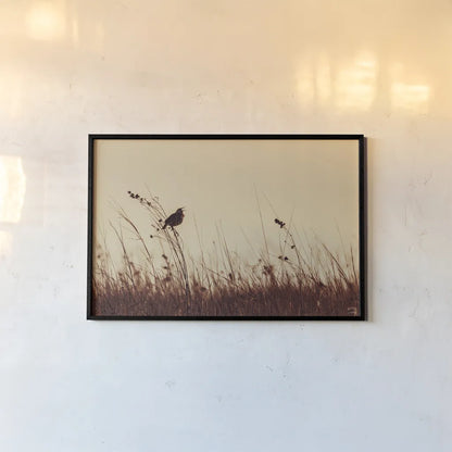 Meadowlark Call Antique by Nathan Larson. shown as a paper print in a black flame. Available as a archival giclee rolled canvas, fine art paper, or poster print. SKU 98337i.