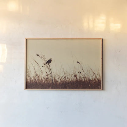 Meadowlark Call Antique by Nathan Larson. shown as a paper print in a natural frame. Available as a archival giclee rolled canvas, fine art paper, or poster print. SKU 98337i.