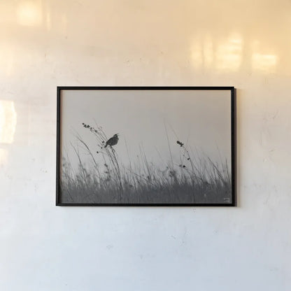 Meadowlark Call BW by Nathan Larson. shown as a paper print in a black flame. Available as a archival giclee rolled canvas, fine art paper, or poster print. SKU 98338i.