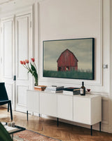 Middle America by Nathan Larson. shown as a framed stretched canvas in a living room above a console. Available as a archival giclee rolled canvas, fine art paper, or poster print. SKU 98151i.