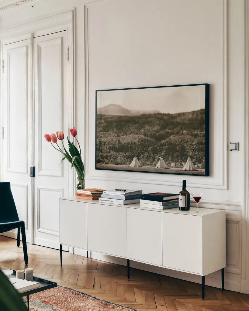 Montana Borders by Nathan Larson. shown as a framed stretched canvas in a living room above a console. Available as a archival giclee rolled canvas, fine art paper, or poster print. SKU 87635i.