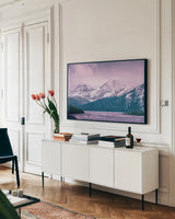 Mood Storms by Nathan Larson. shown as a framed stretched canvas in a living room above a console. Available as a archival giclee rolled canvas, fine art paper, or poster print. SKU 81199i.