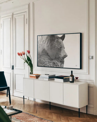 Mountain Bear by Nathan Larson. shown as a framed stretched canvas in a living room above a console. Available as a archival giclee rolled canvas, fine art paper, or poster print. SKU 80435i.