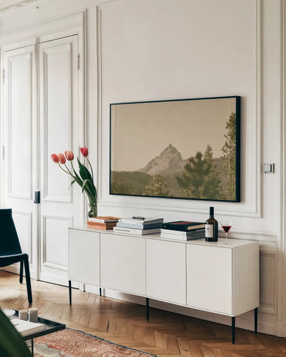 Mountainous II by Nathan Larson. shown as a framed stretched canvas in a living room above a console. Available as a archival giclee rolled canvas, fine art paper, or poster print. SKU 88240i.