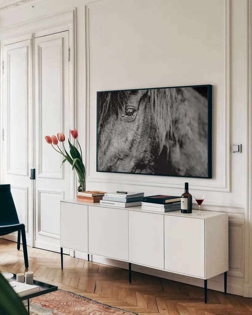 Mustang by Nathan Larson. shown as a framed stretched canvas in a living room above a console. Available as a archival giclee rolled canvas, fine art paper, or poster print. SKU 85769i.