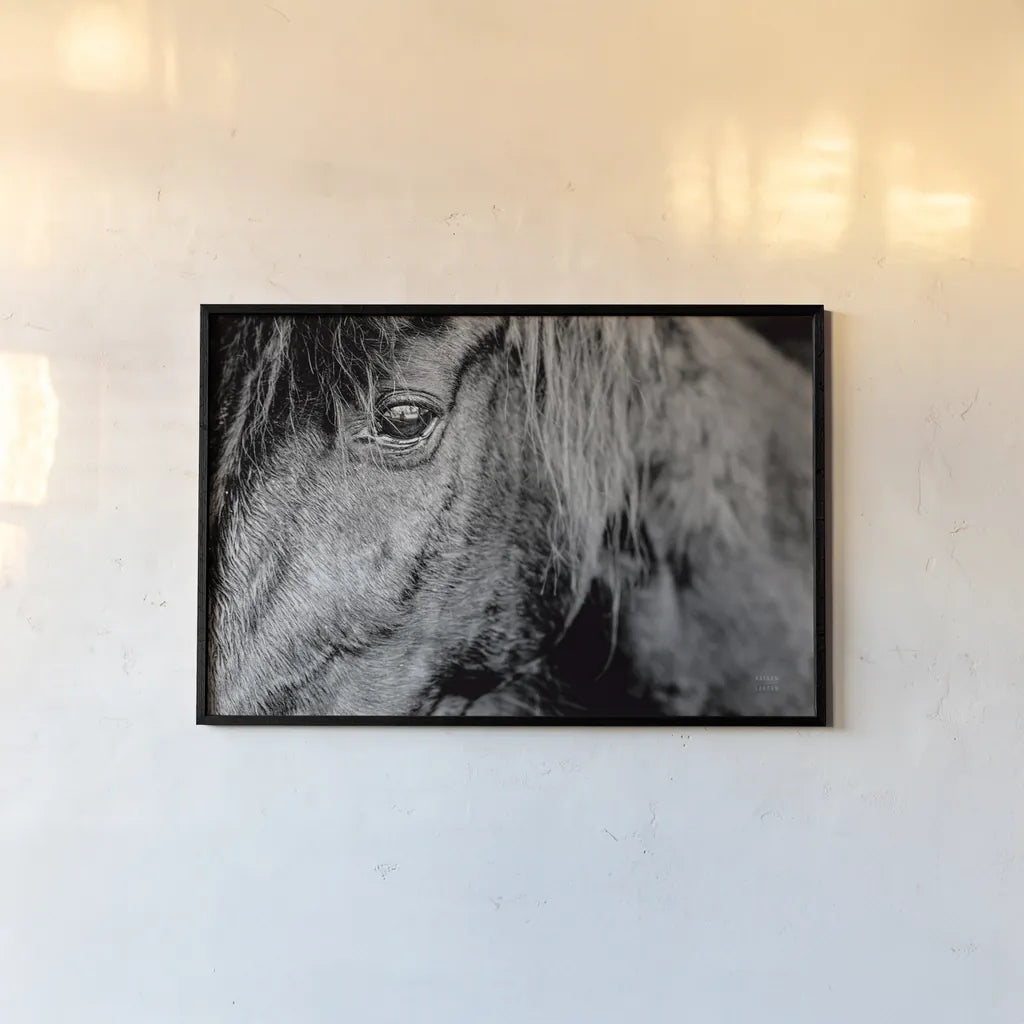 Mustang by Nathan Larson. shown as a paper print in a black flame. Available as a archival giclee rolled canvas, fine art paper, or poster print. SKU 85769i.