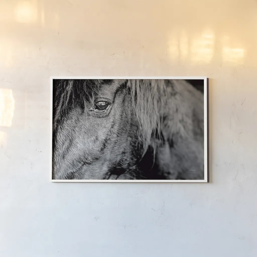 Mustang by Nathan Larson. shown as a paper print in a white frame. Available as a archival giclee rolled canvas, fine art paper, or poster print. SKU 85769i.