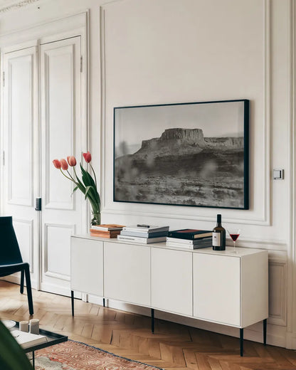 My Landmark by Nathan Larson. shown as a framed stretched canvas in a living room above a console. Available as a archival giclee rolled canvas, fine art paper, or poster print. SKU 95334i.