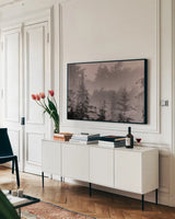 Mystery Wood II by Nathan Larson. shown as a framed stretched canvas in a living room above a console. Available as a archival giclee rolled canvas, fine art paper, or poster print. SKU 99778i.