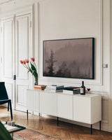 Mystery Wood III by Nathan Larson. shown as a framed stretched canvas in a living room above a console. Available as a archival giclee rolled canvas, fine art paper, or poster print. SKU 99779i.