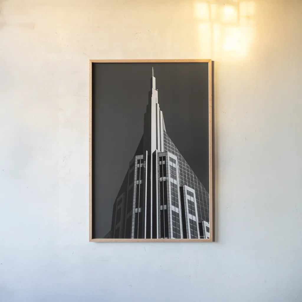 Nashville Rising by Nathan Larson. shown as a paper print in a natural frame. Available as a archival giclee rolled canvas, fine art paper, or poster print. SKU 99192h.