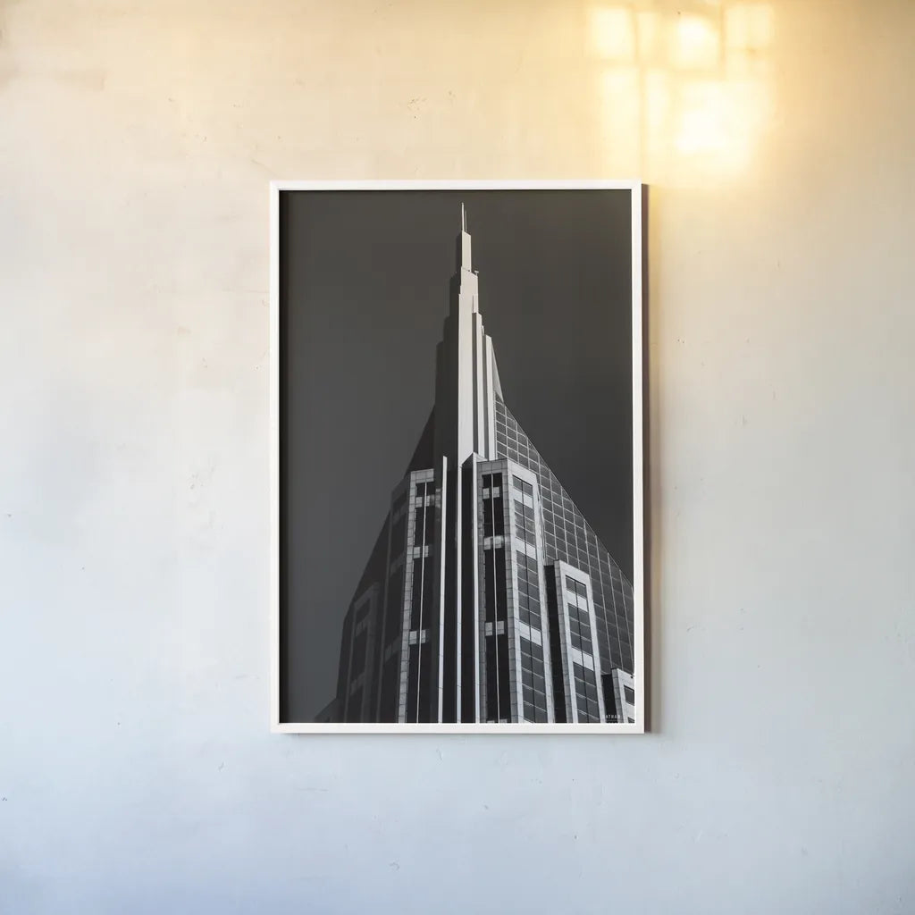 Nashville Rising by Nathan Larson. shown as a paper print in a white frame. Available as a archival giclee rolled canvas, fine art paper, or poster print. SKU 99192h.