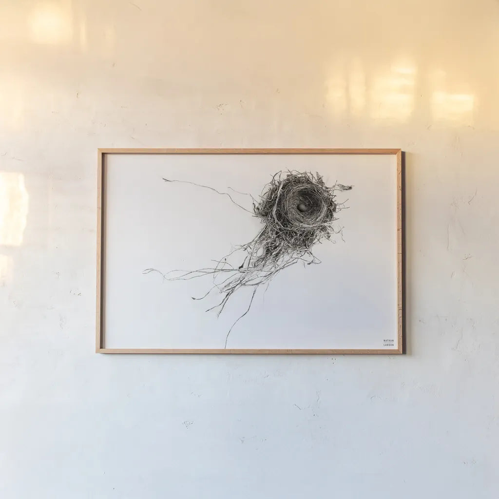 Nest Released by Nathan Larson. shown as a paper print in a natural frame. Available as a archival giclee rolled canvas, fine art paper, or poster print. SKU 99379i.
