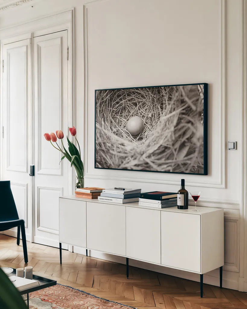 Nesting by Nathan Larson. shown as a framed stretched canvas in a living room above a console. Available as a archival giclee rolled canvas, fine art paper, or poster print. SKU 87634i.