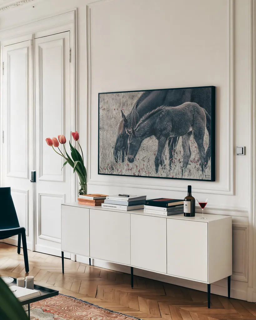 New Graze I by Nathan Larson. shown as a framed stretched canvas in a living room above a console. Available as a archival giclee rolled canvas, fine art paper, or poster print. SKU 98714i.