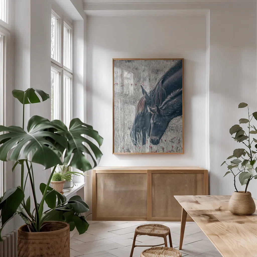 New Graze II by Nathan Larson. shown as a print in a natural wood frame in a dining room. Available as a archival giclee rolled canvas, fine art paper, or poster print. SKU 98715h.