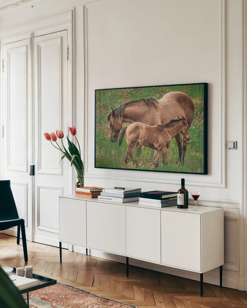 New Life by Nathan Larson. shown as a framed stretched canvas in a living room above a console. Available as a archival giclee rolled canvas, fine art paper, or poster print. SKU 98712i.