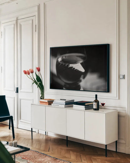 Night Vibes BW by Nathan Larson. shown as a framed stretched canvas in a living room above a console. Available as a archival giclee rolled canvas, fine art paper, or poster print. SKU 77342i.