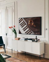 Night Vibes Lounge by Nathan Larson. shown as a framed stretched canvas in a living room above a console. Available as a archival giclee rolled canvas, fine art paper, or poster print. SKU 77341i.