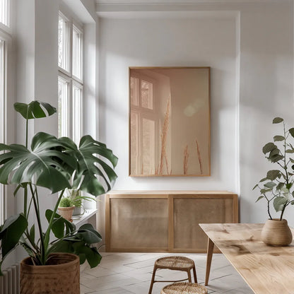 Noon Grasses I by Nathan Larson. shown as a print in a natural wood frame in a dining room. Available as a archival giclee rolled canvas, fine art paper, or poster print. SKU 75735h.