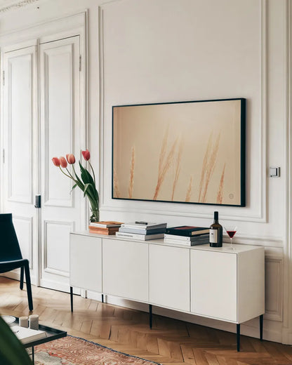Noon Grasses II by Nathan Larson. shown as a framed stretched canvas in a living room above a console. Available as a archival giclee rolled canvas, fine art paper, or poster print. SKU 75736i.