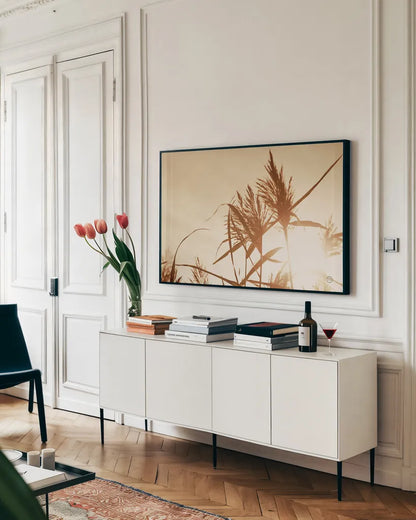 Noon Grasses IV by Nathan Larson. shown as a framed stretched canvas in a living room above a console. Available as a archival giclee rolled canvas, fine art paper, or poster print. SKU 75738i.
