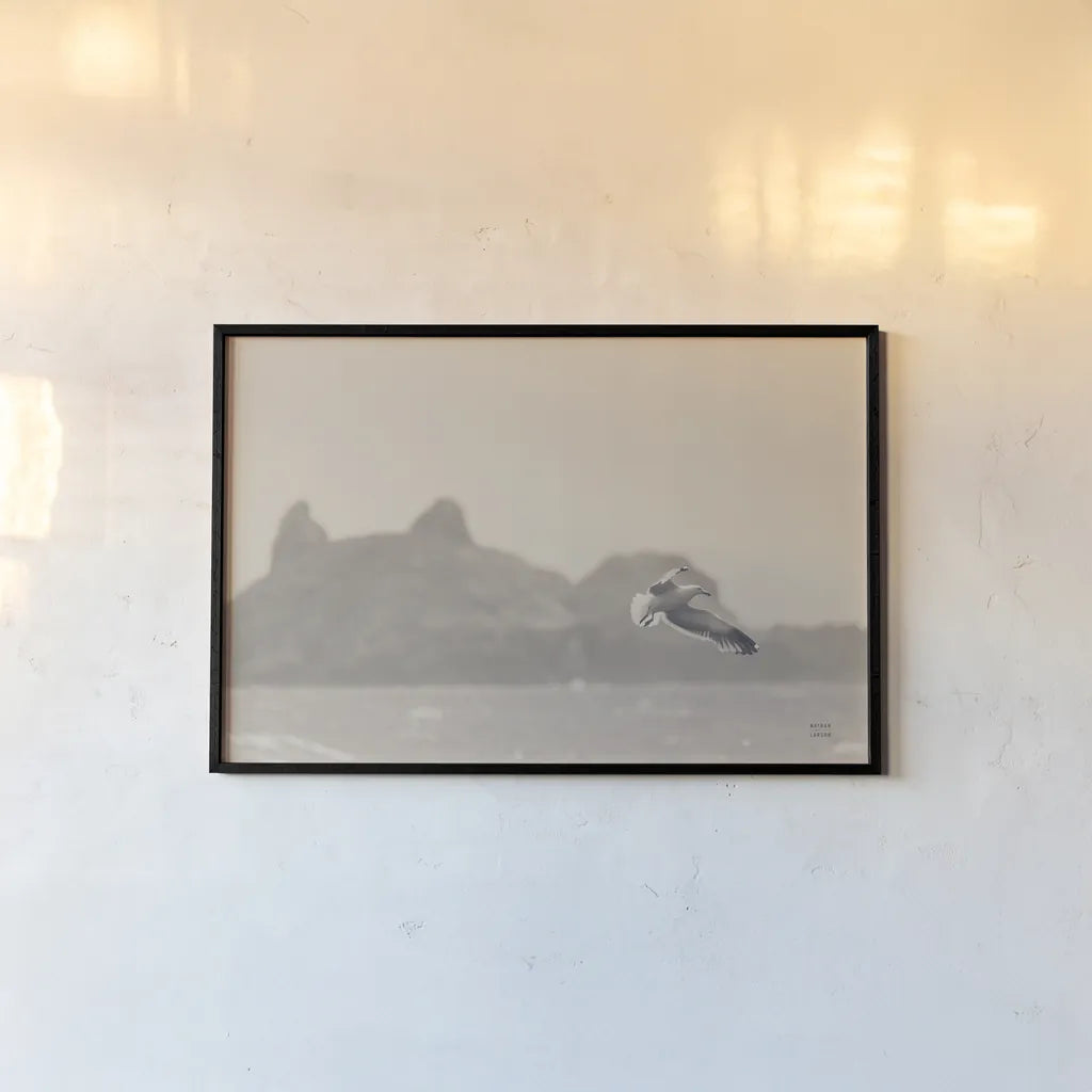 Oceanside Flight by Nathan Larson. shown as a paper print in a black flame. Available as a archival giclee rolled canvas, fine art paper, or poster print. SKU 91852i.