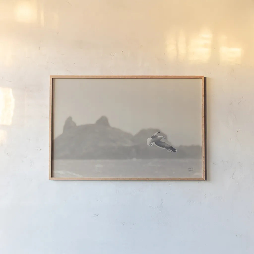 Oceanside Flight by Nathan Larson. shown as a paper print in a natural frame. Available as a archival giclee rolled canvas, fine art paper, or poster print. SKU 91852i.