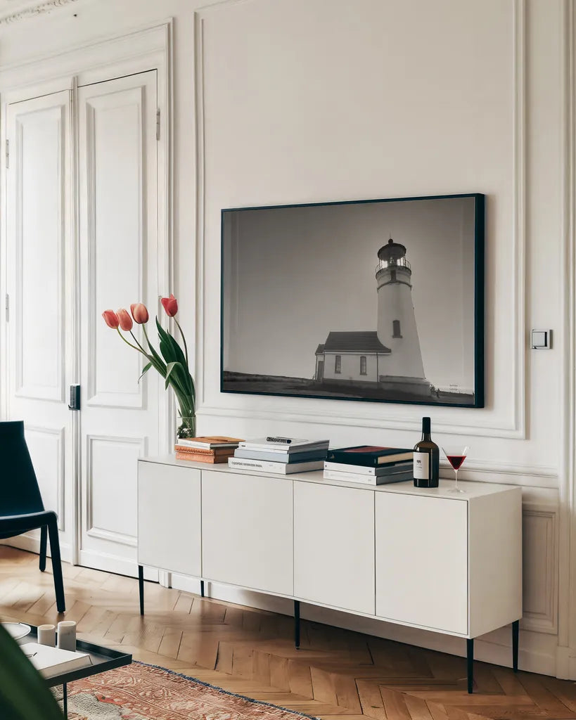 Oceanside Sunset by Nathan Larson. shown as a framed stretched canvas in a living room above a console. Available as a archival giclee rolled canvas, fine art paper, or poster print. SKU 90173i.