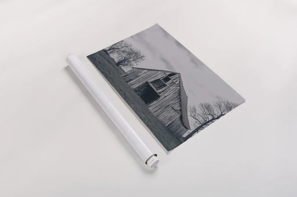 Old Hay Barn BW by Nathan Larson. shown as a rolled paper print. Available as archival giclee rolled canvas, fine art paper, or poster print. SKU 98032i.