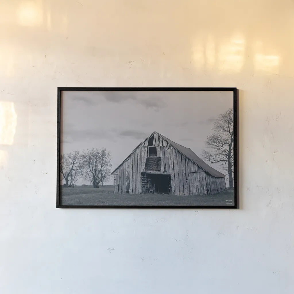 Old Hay Barn BW by Nathan Larson. shown as a paper print in a black flame. Available as a archival giclee rolled canvas, fine art paper, or poster print. SKU 98032i.