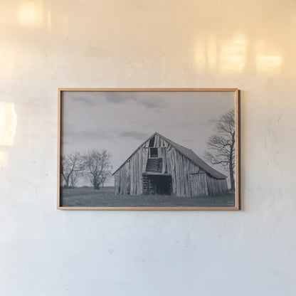 Old Hay Barn BW by Nathan Larson. shown as a paper print in a natural frame. Available as a archival giclee rolled canvas, fine art paper, or poster print. SKU 98032i.