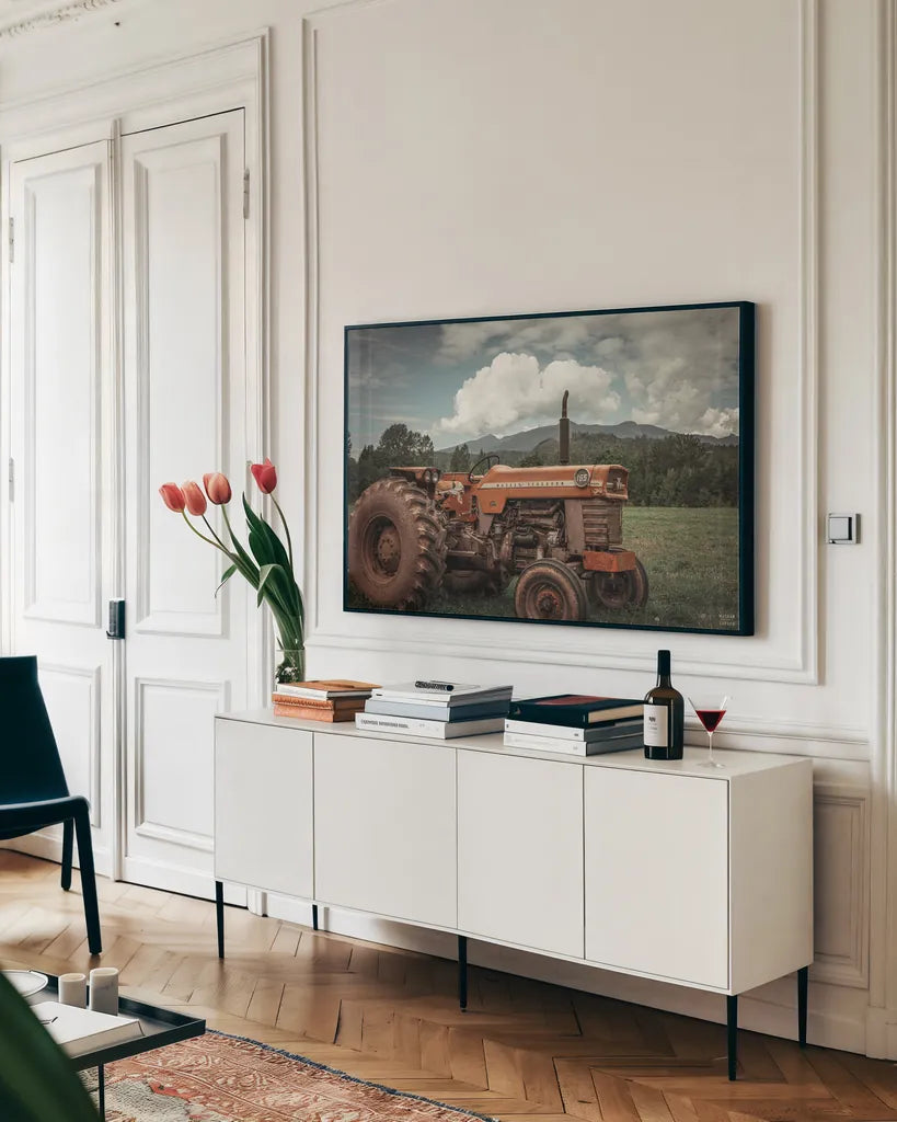 Old Puller by Nathan Larson. shown as a framed stretched canvas in a living room above a console. Available as a archival giclee rolled canvas, fine art paper, or poster print. SKU 97912i.