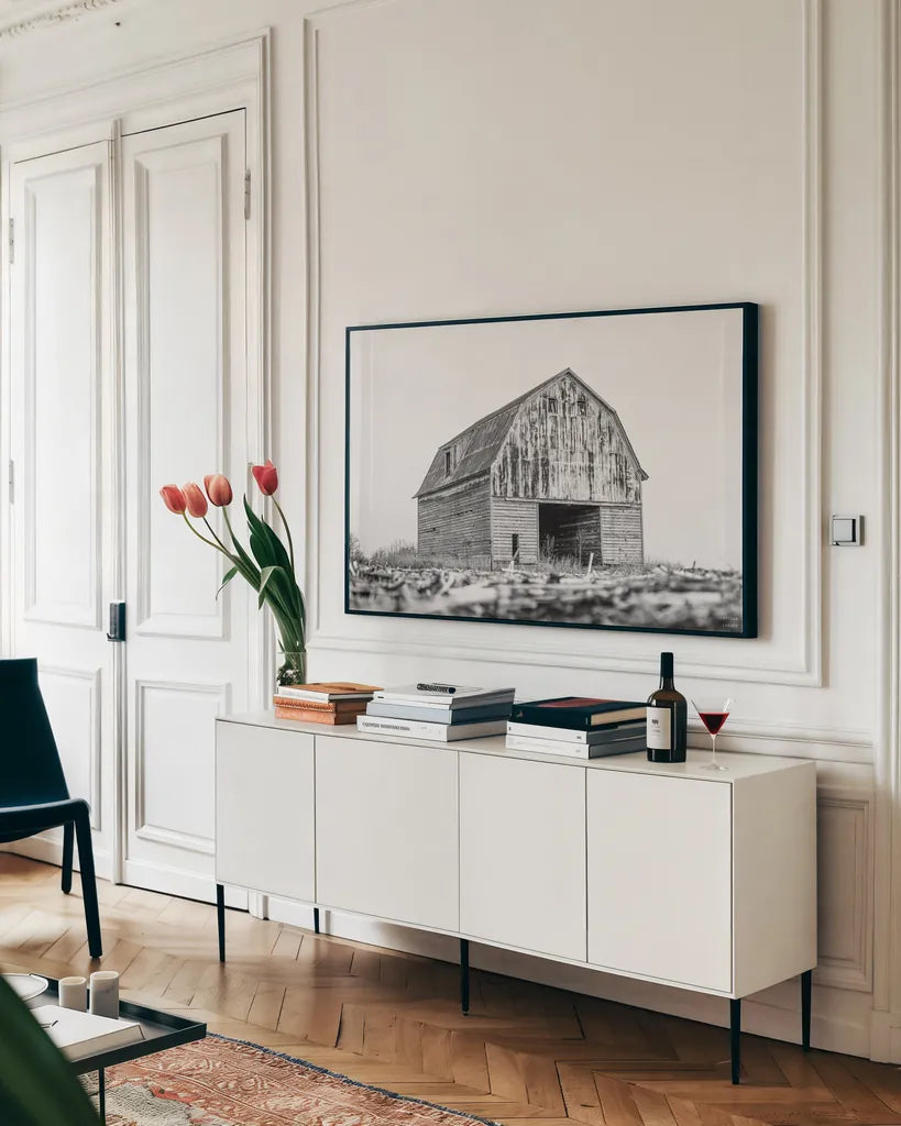 Old Route 66 Barn by Nathan Larson. shown as a framed stretched canvas in a living room above a console. Available as a archival giclee rolled canvas, fine art paper, or poster print. SKU 98510i.
