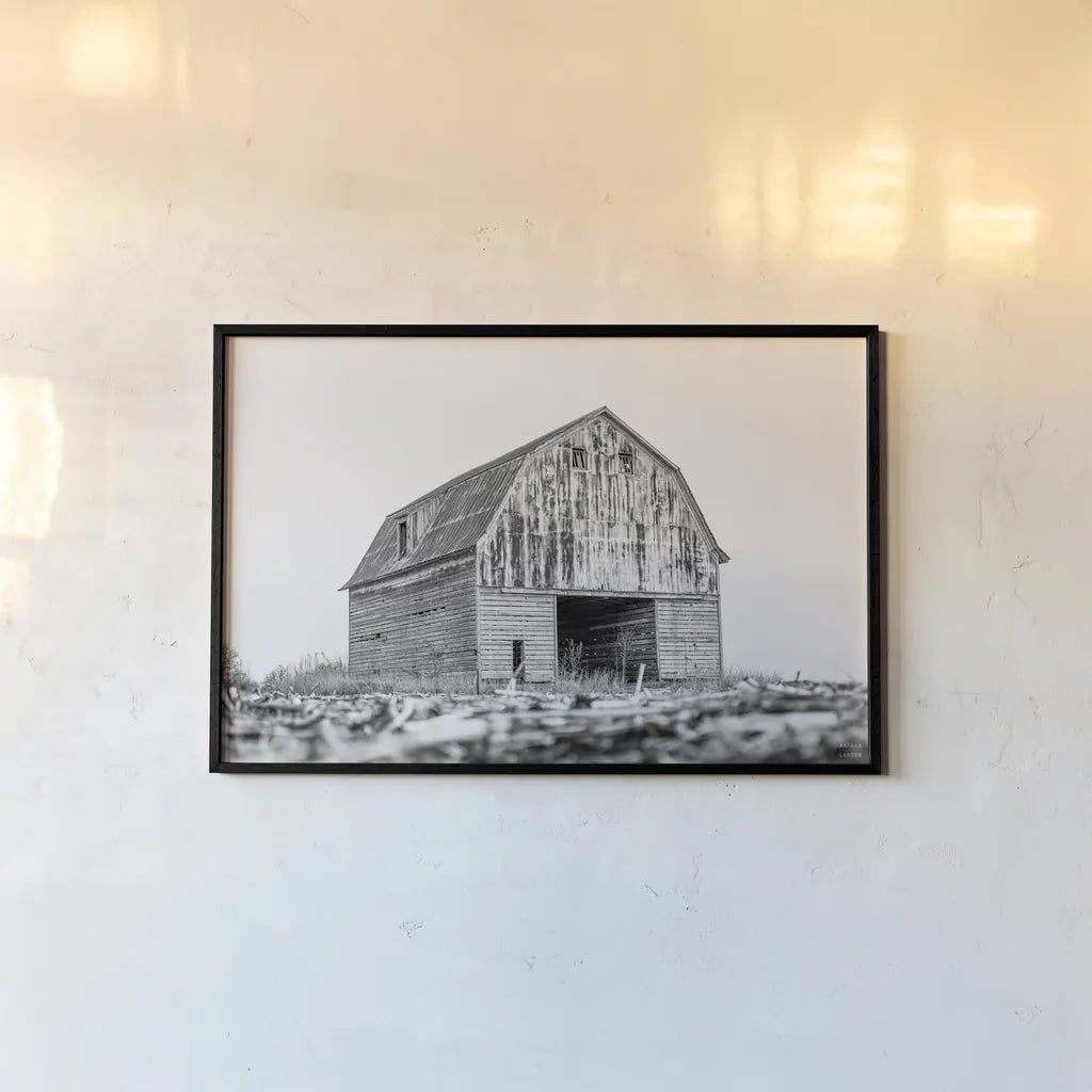 Old Route 66 Barn by Nathan Larson. shown as a paper print in a black flame. Available as a archival giclee rolled canvas, fine art paper, or poster print. SKU 98510i.