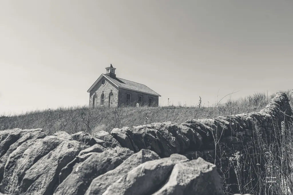 One Room Schoolhouse BW by Nathan Larson. SKU 98342i. Archival Giclee Fine art print for wall decor.