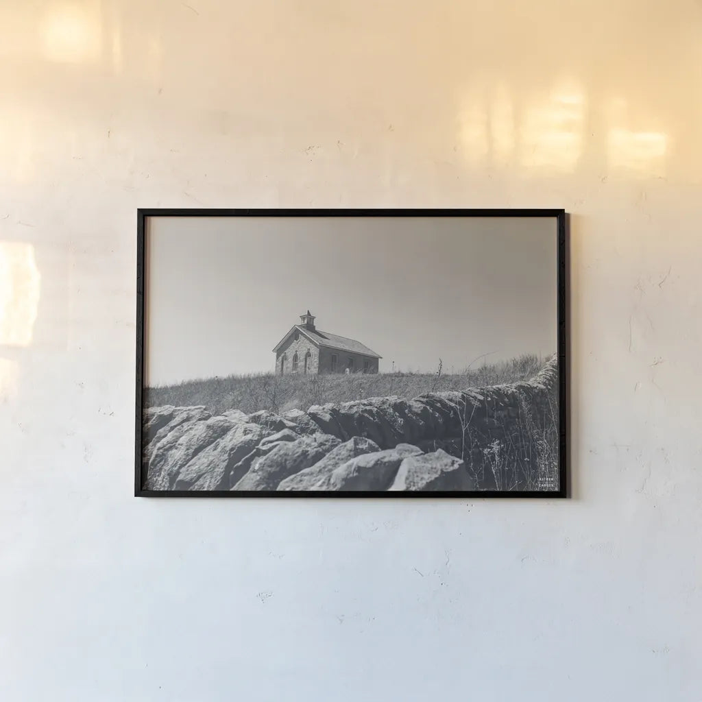 One Room Schoolhouse BW by Nathan Larson. shown as a paper print in a black flame. Available as a archival giclee rolled canvas, fine art paper, or poster print. SKU 98342i.