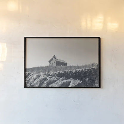 One Room Schoolhouse BW by Nathan Larson. shown as a paper print in a black flame. Available as a archival giclee rolled canvas, fine art paper, or poster print. SKU 98342i.
