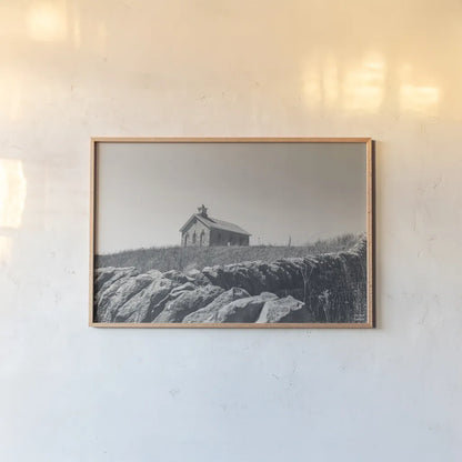 One Room Schoolhouse BW by Nathan Larson. shown as a paper print in a natural frame. Available as a archival giclee rolled canvas, fine art paper, or poster print. SKU 98342i.