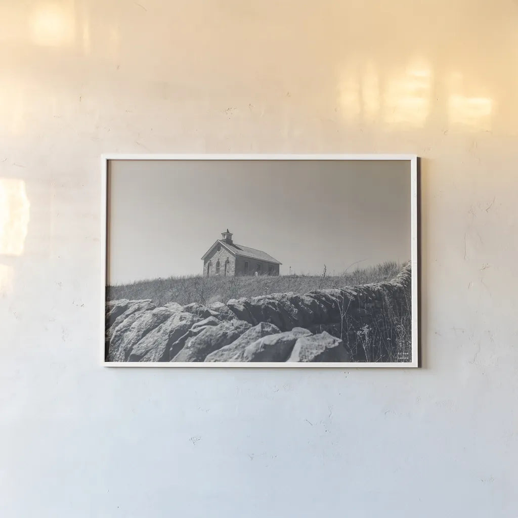 One Room Schoolhouse BW by Nathan Larson. shown as a paper print in a white frame. Available as a archival giclee rolled canvas, fine art paper, or poster print. SKU 98342i.