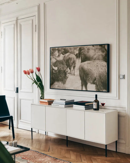 Open Range II by Nathan Larson. shown as a framed stretched canvas in a living room above a console. Available as a archival giclee rolled canvas, fine art paper, or poster print. SKU 84328i.