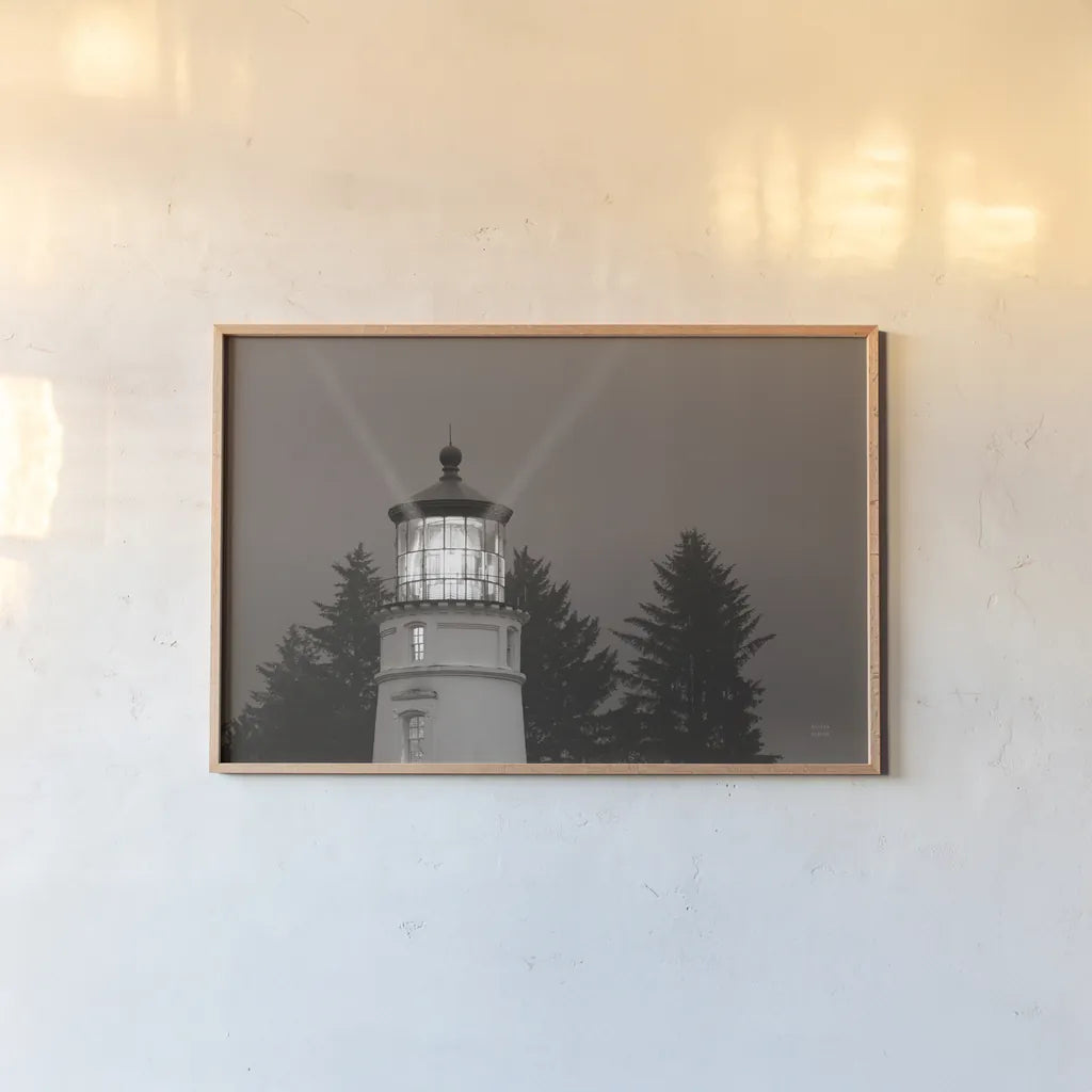 Oregon Coast Lighthouse by Nathan Larson. shown as a paper print in a natural frame. Available as a archival giclee rolled canvas, fine art paper, or poster print. SKU 90172i.