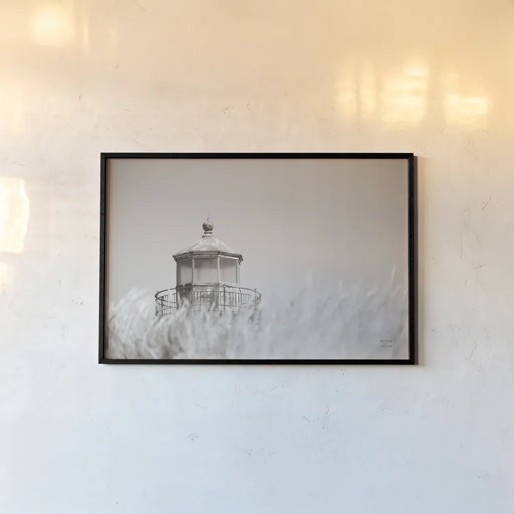 Oregon Coast Lighthouse Neutral by Nathan Larson. shown as a paper print in a black flame. Available as a archival giclee rolled canvas, fine art paper, or poster print. SKU 86919i.