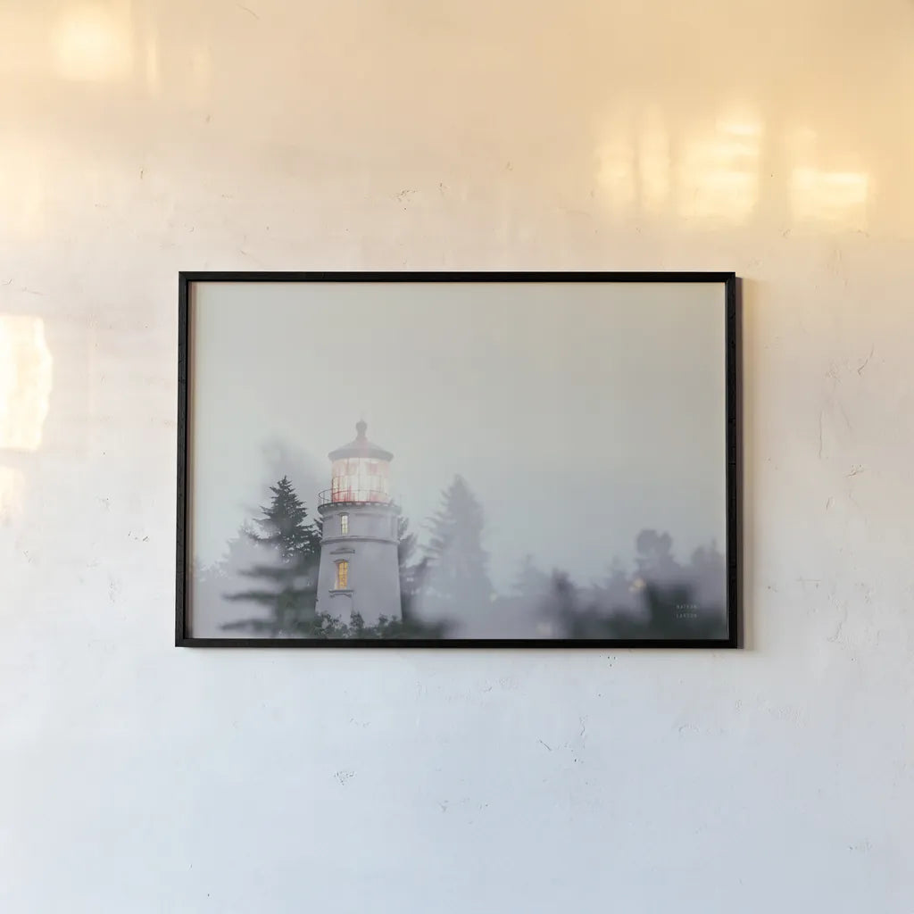 Oregon Coast Umpqua River Lighthouse by Nathan Larson. shown as a paper print in a black flame. Available as a archival giclee rolled canvas, fine art paper, or poster print. SKU 87004i.