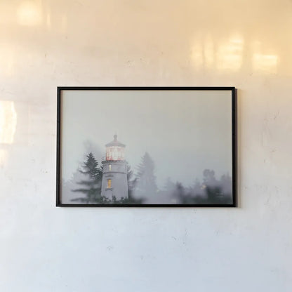 Oregon Coast Umpqua River Lighthouse by Nathan Larson. shown as a paper print in a black flame. Available as a archival giclee rolled canvas, fine art paper, or poster print. SKU 87004i.