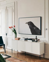 Organ Pipe Cactus Raven Portrait I by Nathan Larson. shown as a framed stretched canvas in a living room above a console. Available as a archival giclee rolled canvas, fine art paper, or poster print. SKU 91334i.