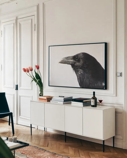 Organ Pipe Cactus Raven Portrait II by Nathan Larson. shown as a framed stretched canvas in a living room above a console. Available as a archival giclee rolled canvas, fine art paper, or poster print. SKU 91335i.