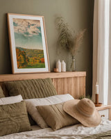 Over the Pasture by Nathan Larson. shown as a paper print in a natural frame. Available as a archival giclee rolled canvas, fine art paper, or poster print. SKU 101671h.
