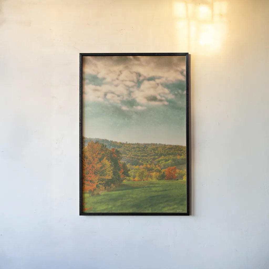 Over the Pasture by Nathan Larson. shown as a paper print in a black flame. Available as a archival giclee rolled canvas, fine art paper, or poster print. SKU 101671h.